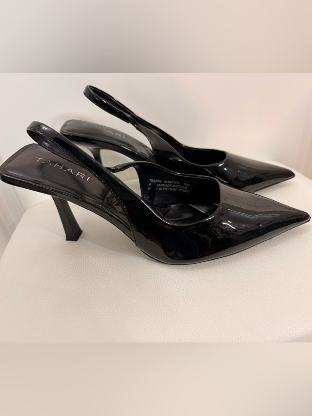 Tahari Black Patent Pointed-Toe Slingback Heels